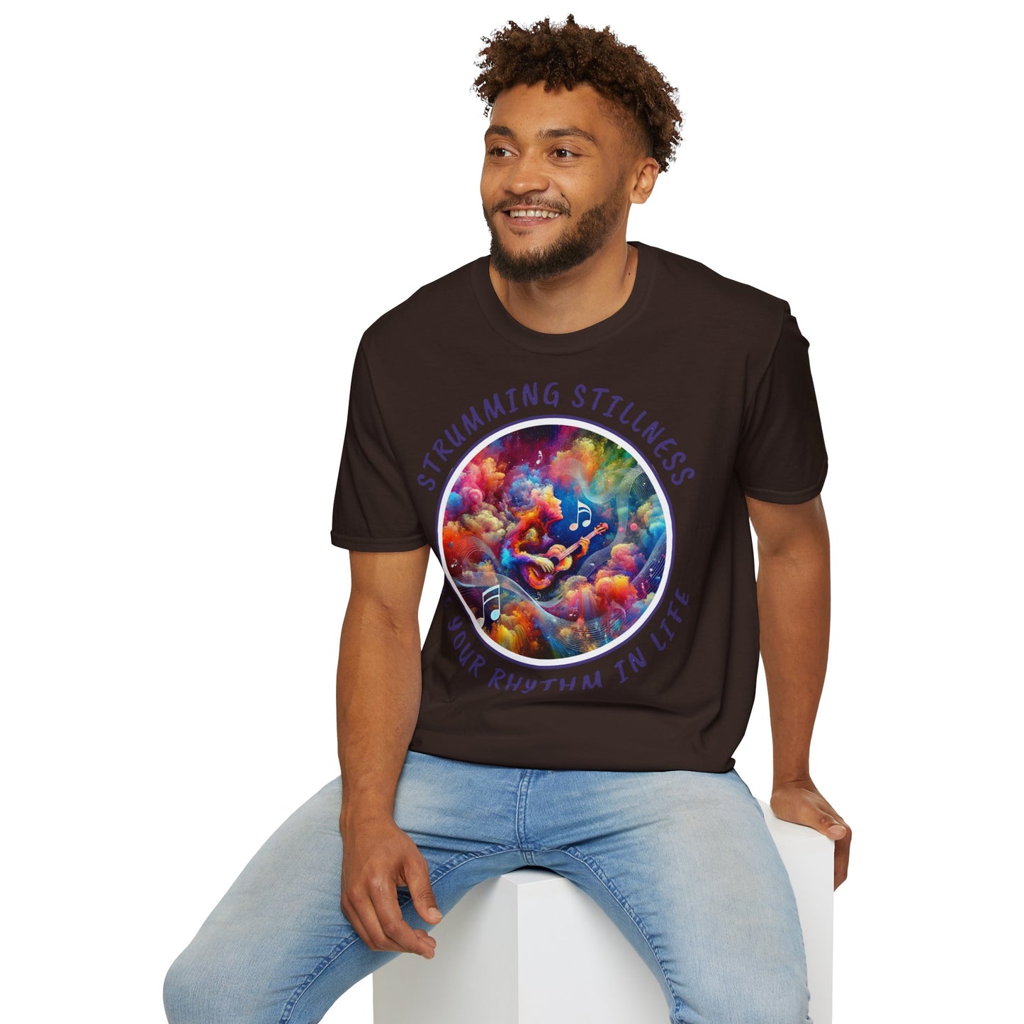 PoM's Mindfulness & Music collection ... "STRUMMING STILLNESS" T-Shirt (Unisex, Softstyle, 100% Cotton, up to 5 sizes and 11 colours)