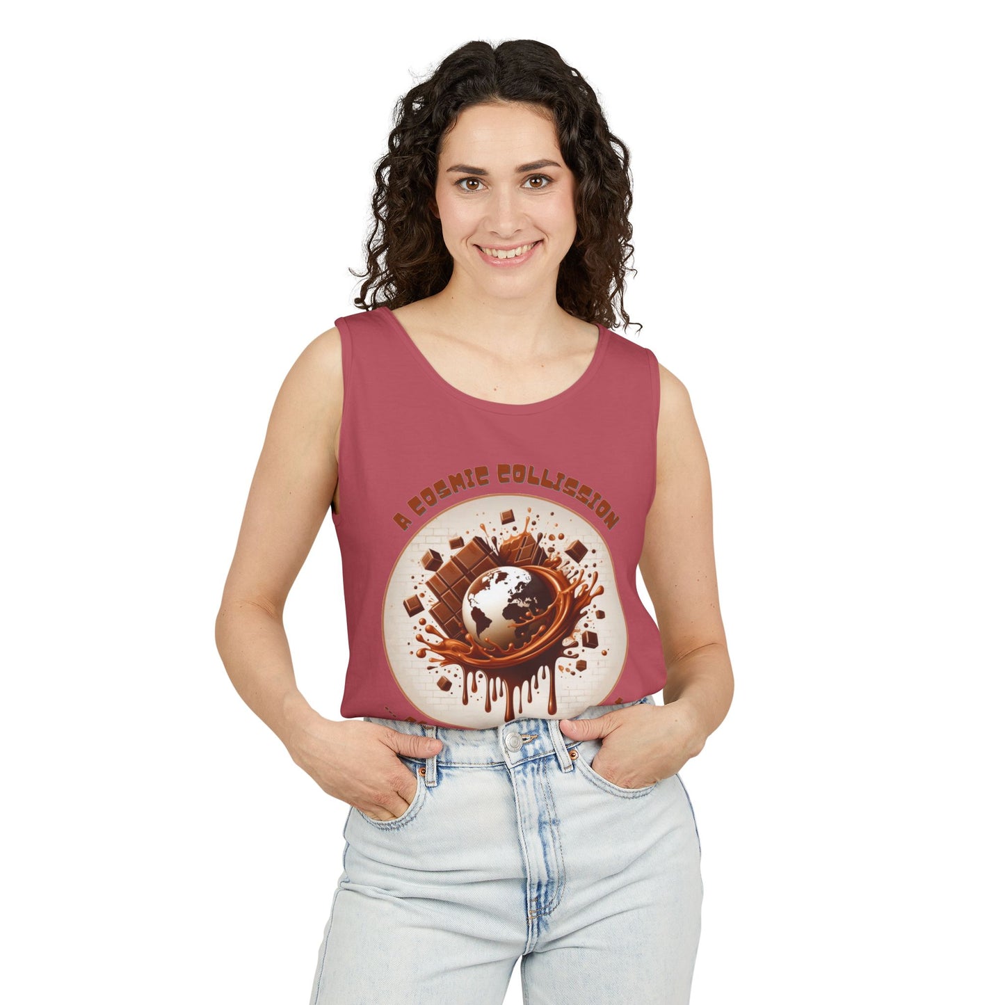 PoM's Fun & Joy for a Happy Life Collection ... COSMIC COLLISION ... Garment-Dyed TANK Top (unisex, 100% cotton, 7 sizes, up to 16 colors)