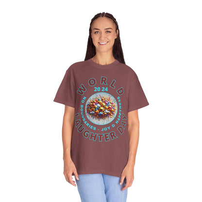 PoM's series Mindfulness & Self motivation ... World LAUGHTER Day ... Unisex Garment-Dyed T-shirt (100% pre-shrunk cotton, soft washed - six sizes (S-3XL), 13 background colours)