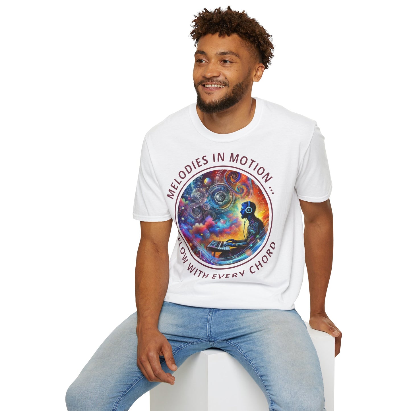 PoM's Mindfulness & Music collection ... "MELODIES IN MOTION" T-Shirt (Unisex, Softstyle, 100% Cotton, up to 5 sizes and up to 13 colours)