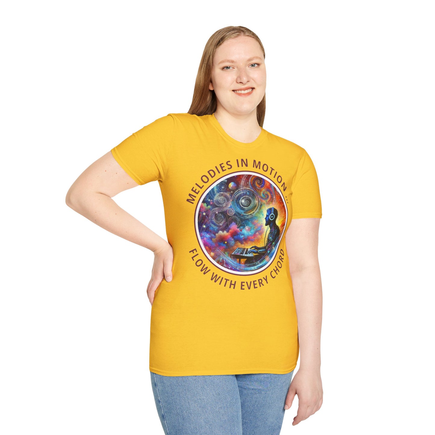 PoM's Mindfulness & Music collection ... "MELODIES IN MOTION" T-Shirt (Unisex, Softstyle, 100% Cotton, up to 5 sizes and up to 13 colours)