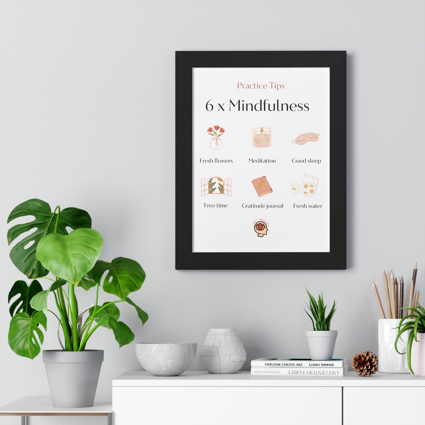 PoM's Mindfulness series ... 6x Mindfulness (practical tips) - Framed Vertical Poster (3 different frame colours and 4 sizes)