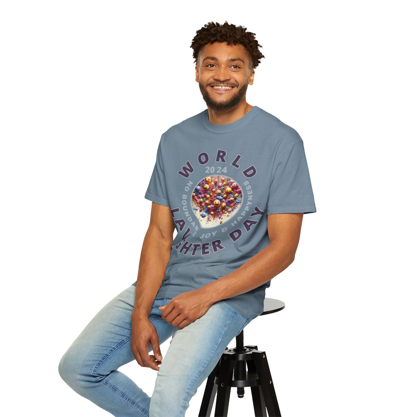 PoM's series Mindfulness & Self motivation ... World LAUGHTER Day ... Unisex Garment-Dyed T-shirt (100% pre-shrunk cotton, soft washed - six sizes (S-3XL), 16 background colours)