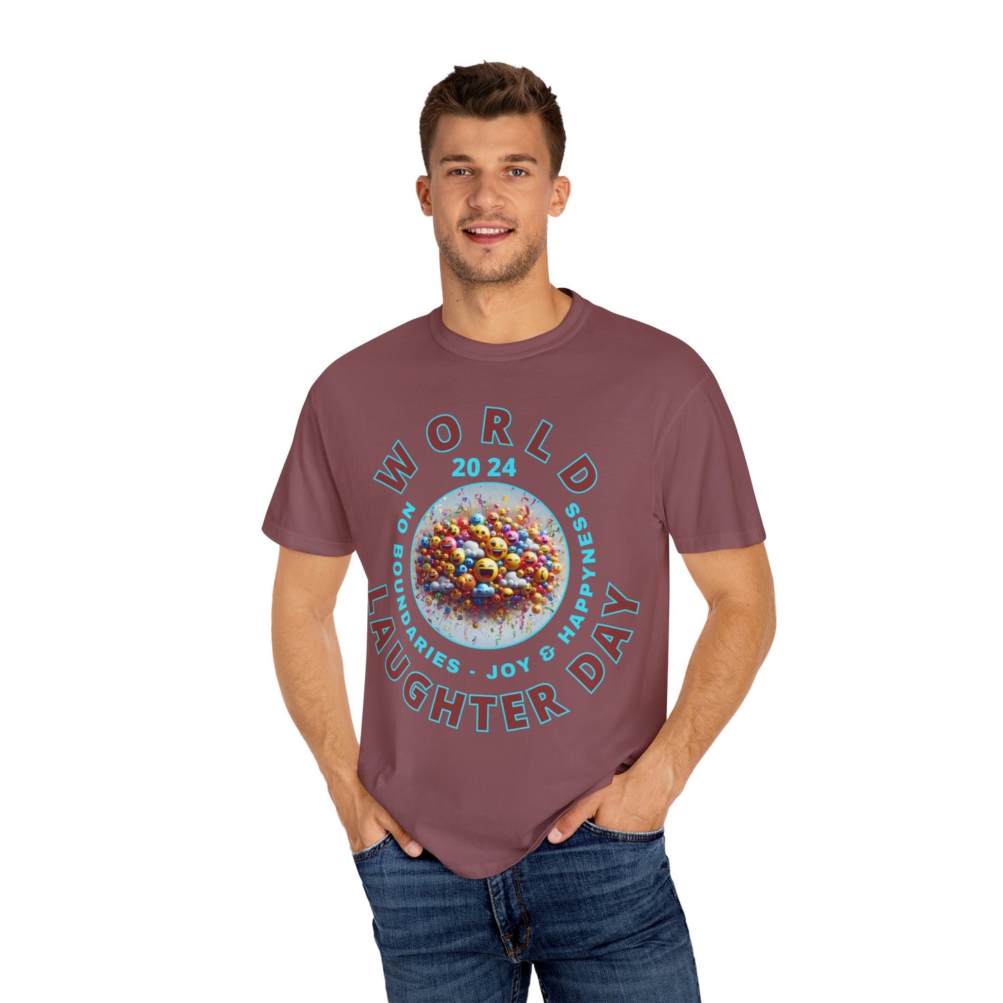 PoM's series Mindfulness & Self motivation ... World LAUGHTER Day ... Unisex Garment-Dyed T-shirt (100% pre-shrunk cotton, soft washed - six sizes (S-3XL), 13 background colours)