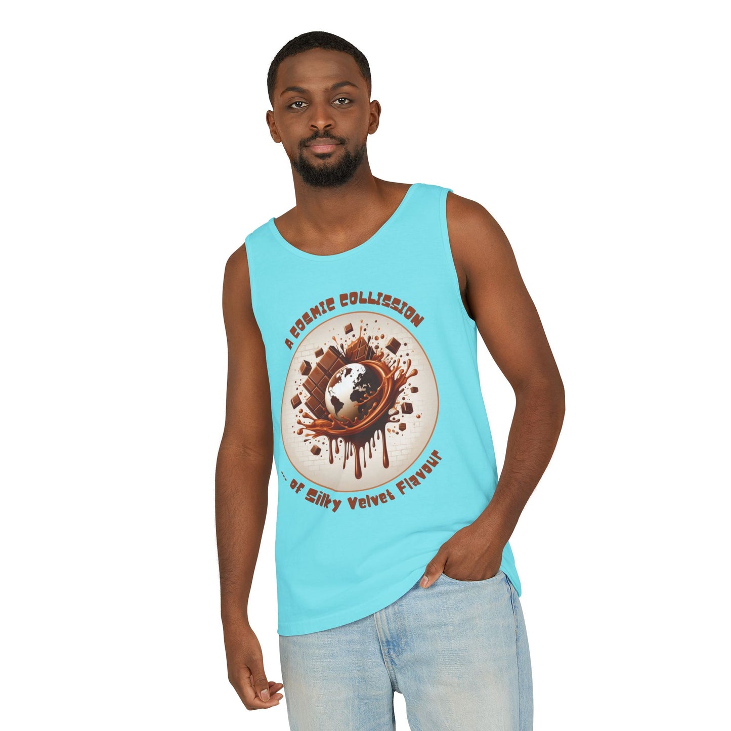 PoM's Fun & Joy for a Happy Life Collection ... COSMIC COLLISION ... Garment-Dyed TANK Top (unisex, 100% cotton, 7 sizes, up to 16 colors)