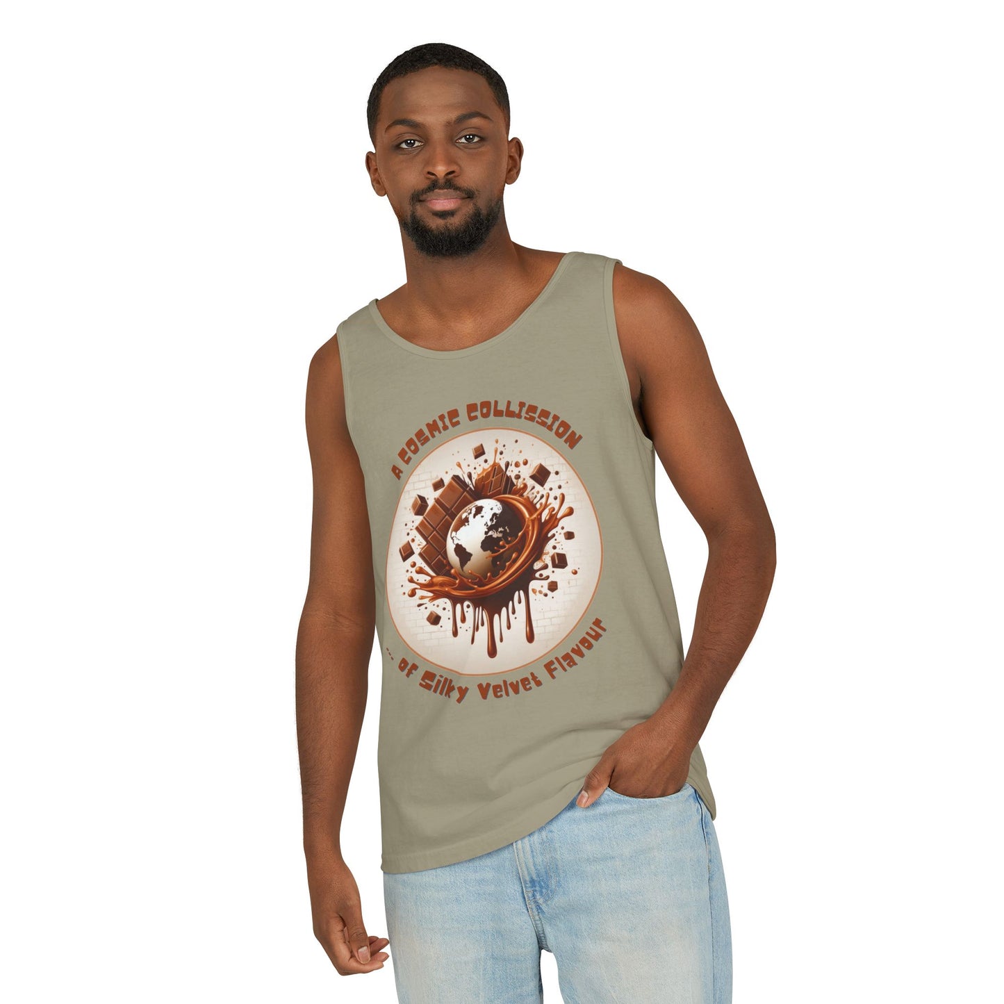 PoM's Fun & Joy for a Happy Life Collection ... COSMIC COLLISION ... Garment-Dyed TANK Top (unisex, 100% cotton, 7 sizes, up to 16 colors)