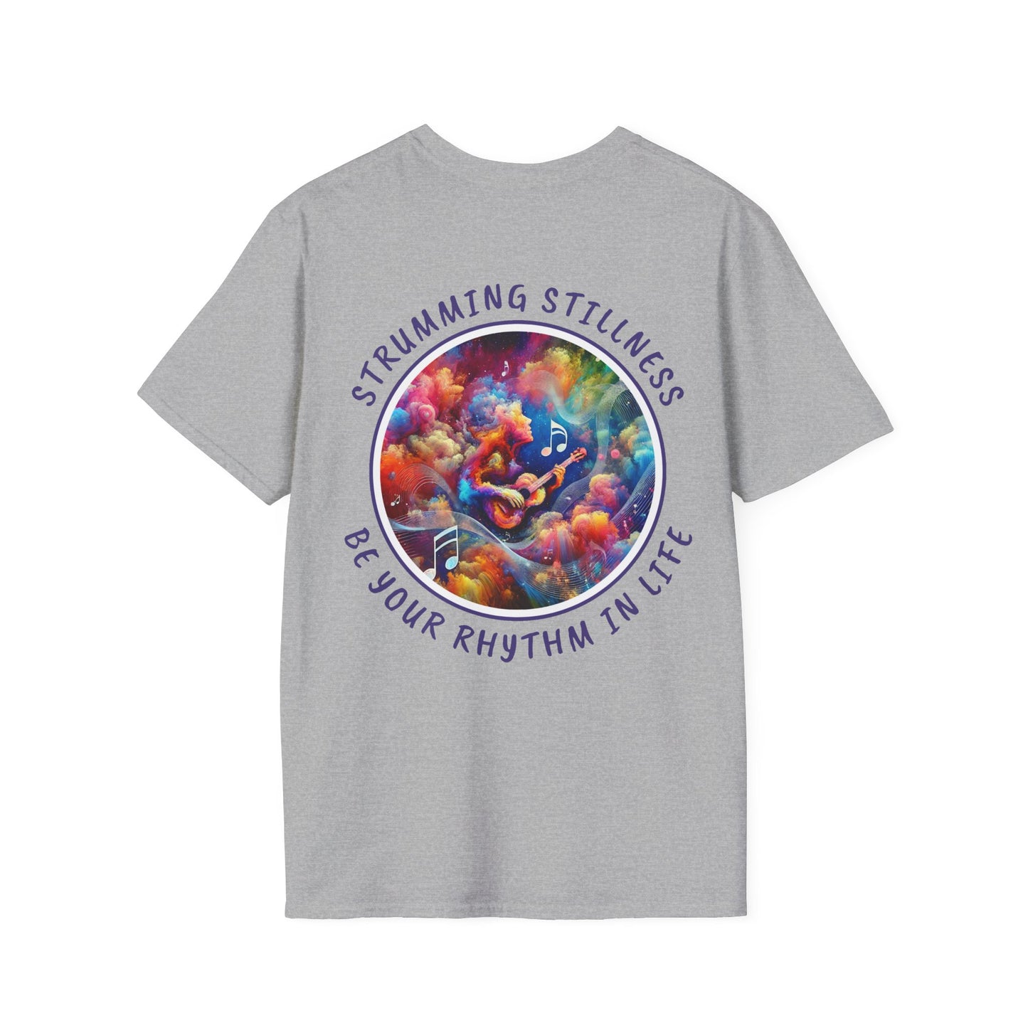 PoM's Mindfulness & Music collection ... "STRUMMING STILLNESS" T-Shirt (Unisex, Softstyle, 100% Cotton, up to 5 sizes and 11 colours)