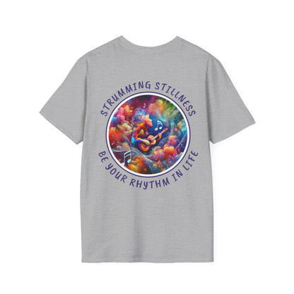 PoM's Mindfulness & Music collection ... "STRUMMING STILLNESS" T-Shirt (Unisex, Softstyle, 100% Cotton, up to 5 sizes and 11 colours)