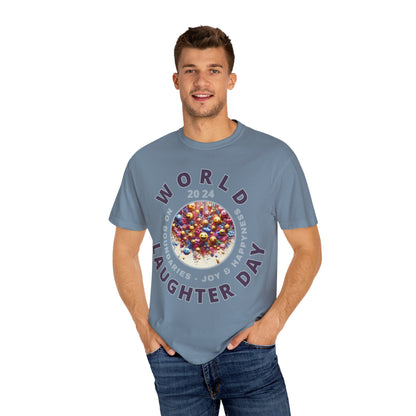 PoM's series Mindfulness & Self motivation ... World LAUGHTER Day ... Unisex Garment-Dyed T-shirt (100% pre-shrunk cotton, soft washed - six sizes (S-3XL), 16 background colours)