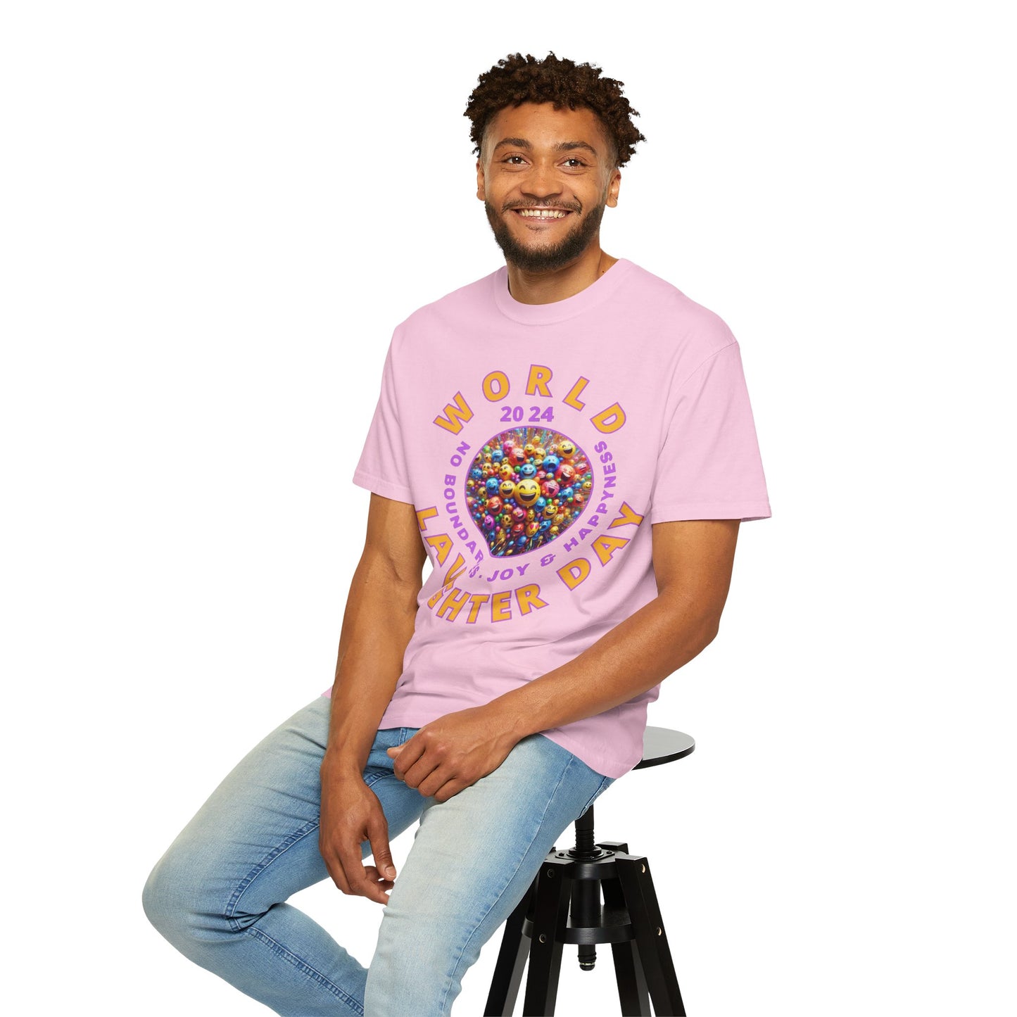 PoM's series Mindfulness & Self motivation ... World LAUGHTER Day ... Unisex Garment-Dyed T-shirt (100% pre-shrunk cotton, soft washed - six sizes (S-3XL), 9 background colours)