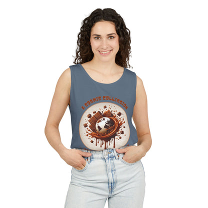 PoM's Fun & Joy for a Happy Life Collection ... COSMIC COLLISION ... Garment-Dyed TANK Top (unisex, 100% cotton, 7 sizes, up to 16 colors)