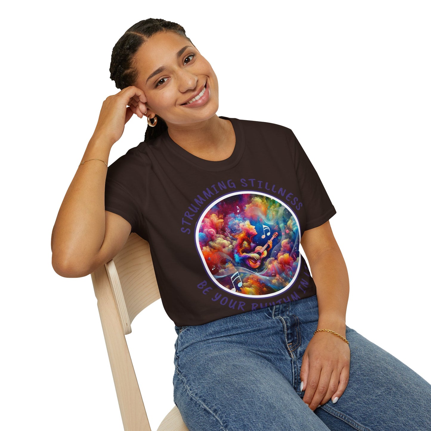 PoM's Mindfulness & Music collection ... "STRUMMING STILLNESS" T-Shirt (Unisex, Softstyle, 100% Cotton, up to 5 sizes and 11 colours)