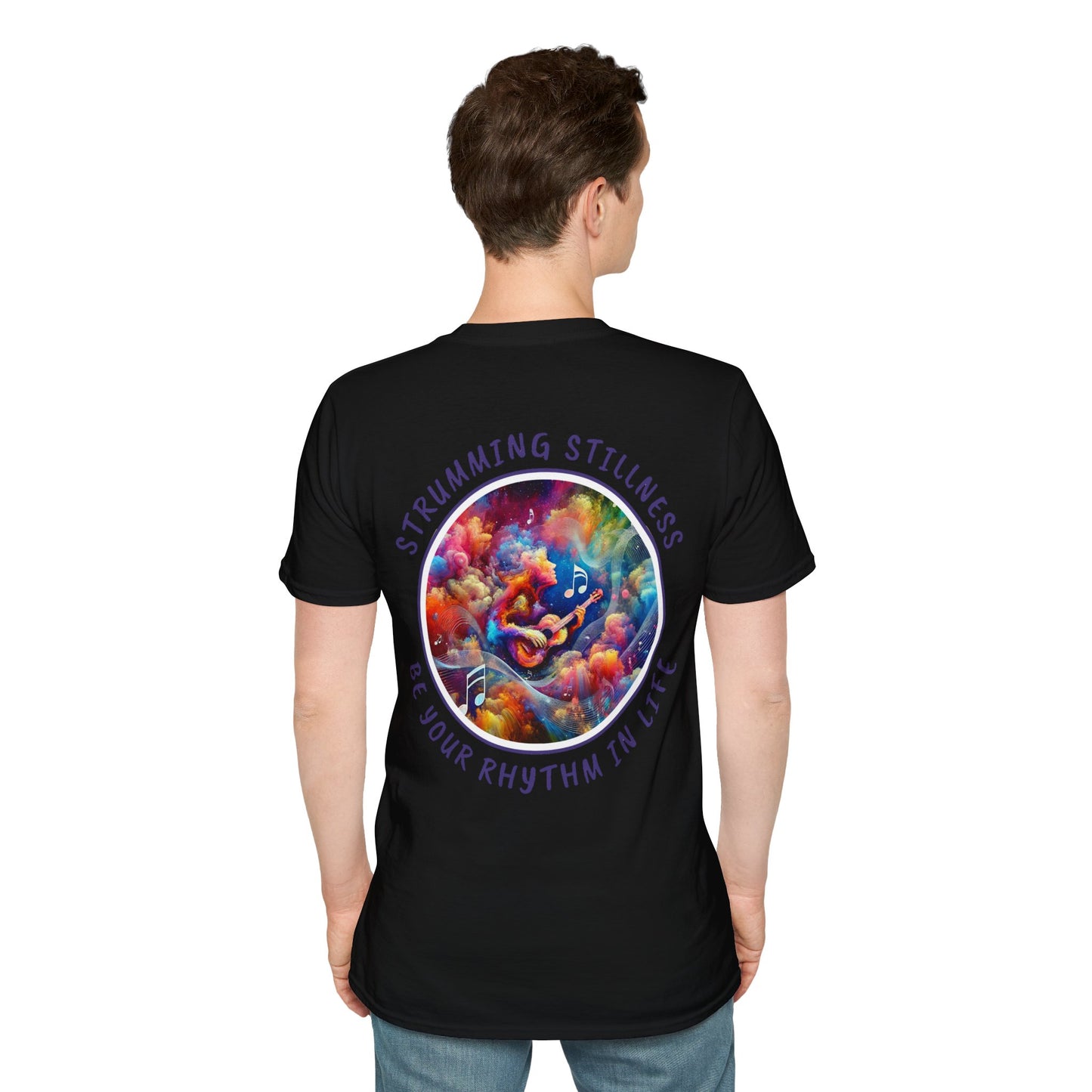 PoM's Mindfulness & Music collection ... "STRUMMING STILLNESS" T-Shirt (Unisex, Softstyle, 100% Cotton, up to 5 sizes and 11 colours)