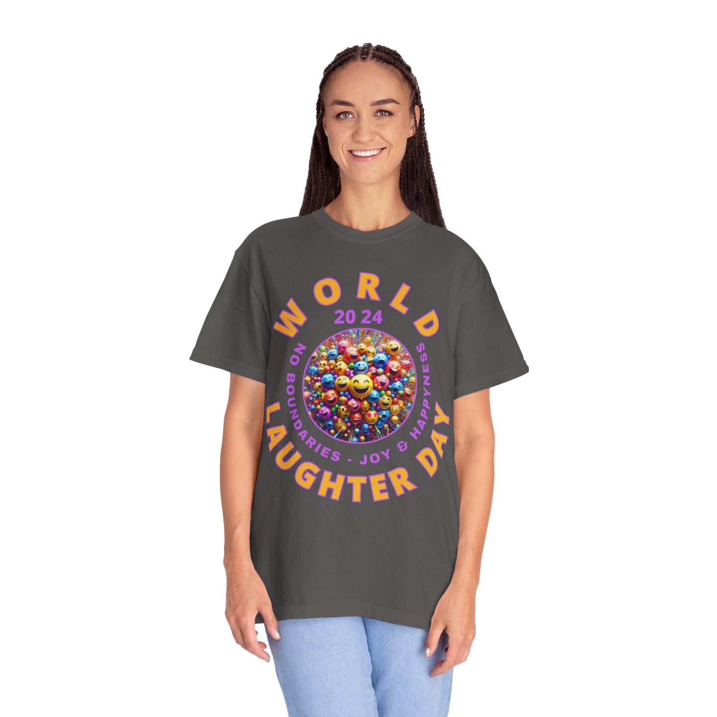 PoM's series Mindfulness & Self motivation ... World LAUGHTER Day ... Unisex Garment-Dyed T-shirt (100% pre-shrunk cotton, soft washed - six sizes (S-3XL), 9 background colours)