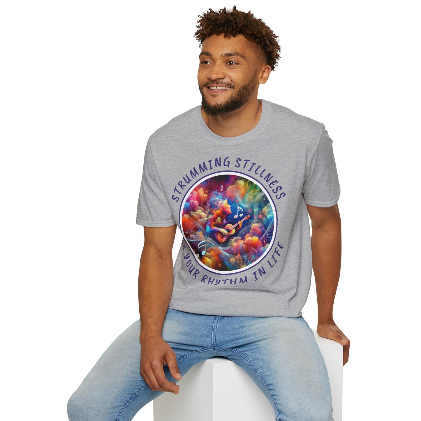 PoM's Mindfulness & Music collection ... "STRUMMING STILLNESS" T-Shirt (Unisex, Softstyle, 100% Cotton, up to 5 sizes and 11 colours)