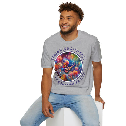 PoM's Mindfulness & Music collection ... "STRUMMING STILLNESS" T-Shirt (Unisex, Softstyle, 100% Cotton, up to 5 sizes and 11 colours)