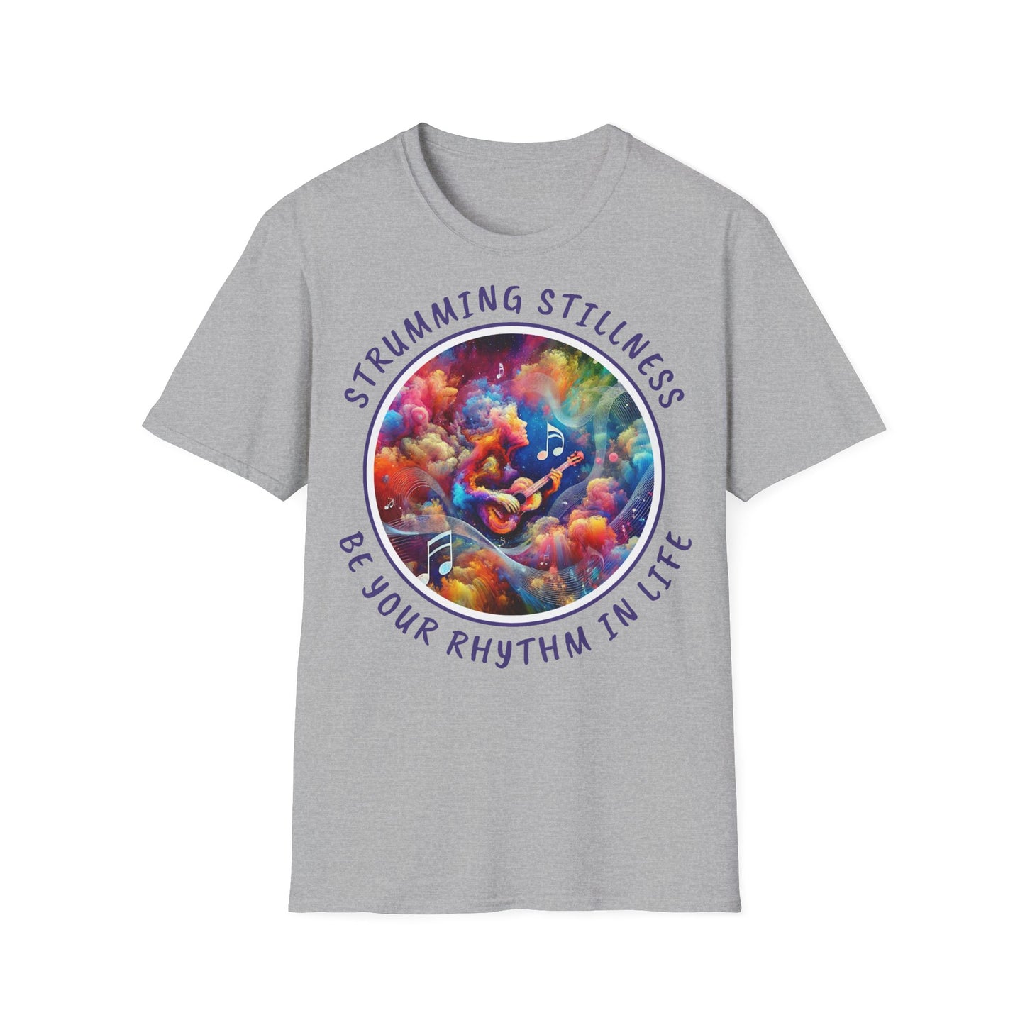 PoM's Mindfulness & Music collection ... "STRUMMING STILLNESS" T-Shirt (Unisex, Softstyle, 100% Cotton, up to 5 sizes and 11 colours)