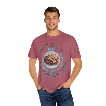 PoM's series Mindfulness & Self motivation ... World LAUGHTER Day ... Unisex Garment-Dyed T-shirt (100% pre-shrunk cotton, soft washed - six sizes (S-3XL), 13 background colours)