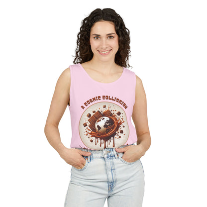 PoM's Fun & Joy for a Happy Life Collection ... COSMIC COLLISION ... Garment-Dyed TANK Top (unisex, 100% cotton, 7 sizes, up to 16 colors)