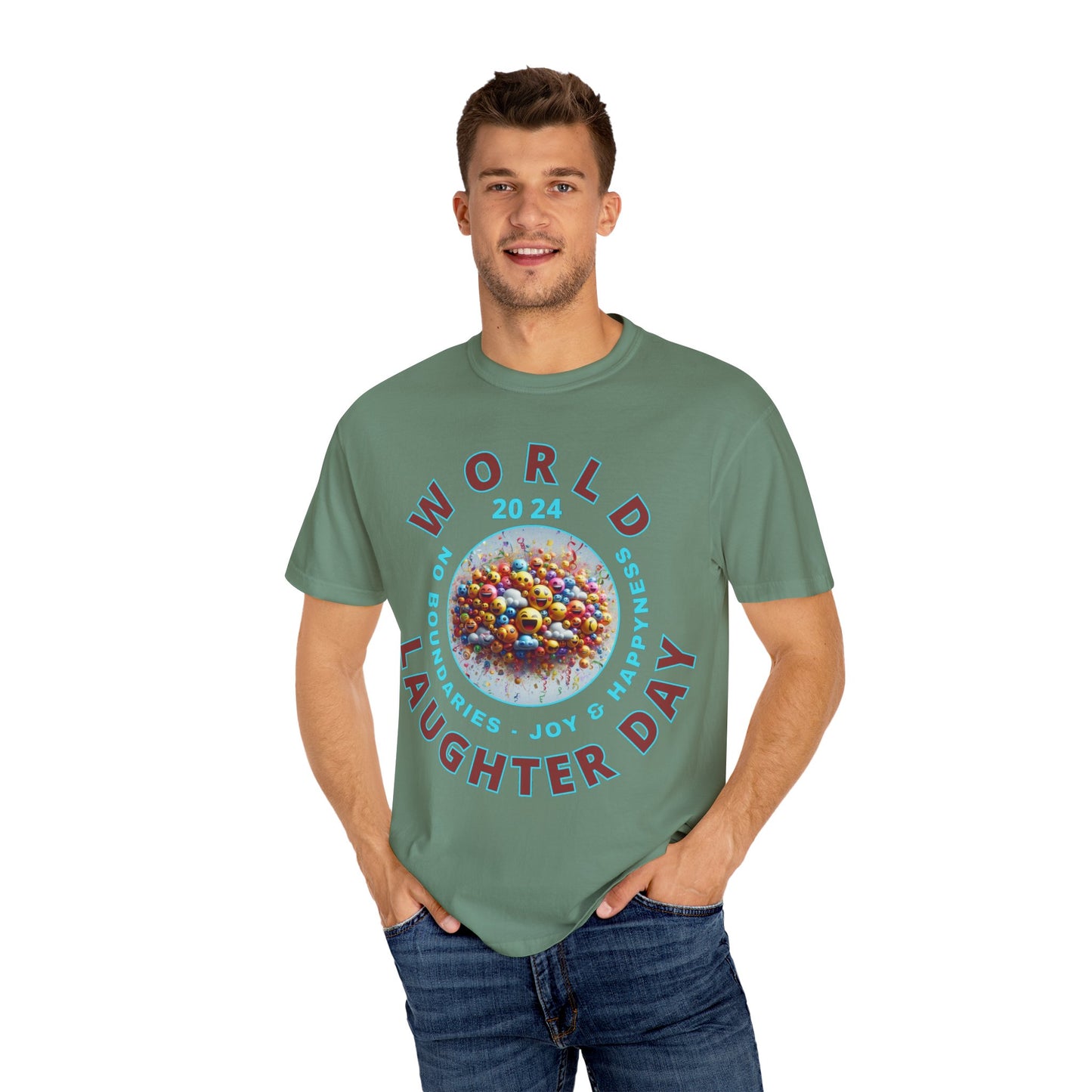 PoM's series Mindfulness & Self motivation ... World LAUGHTER Day ... Unisex Garment-Dyed T-shirt (100% pre-shrunk cotton, soft washed - six sizes (S-3XL), 13 background colours)