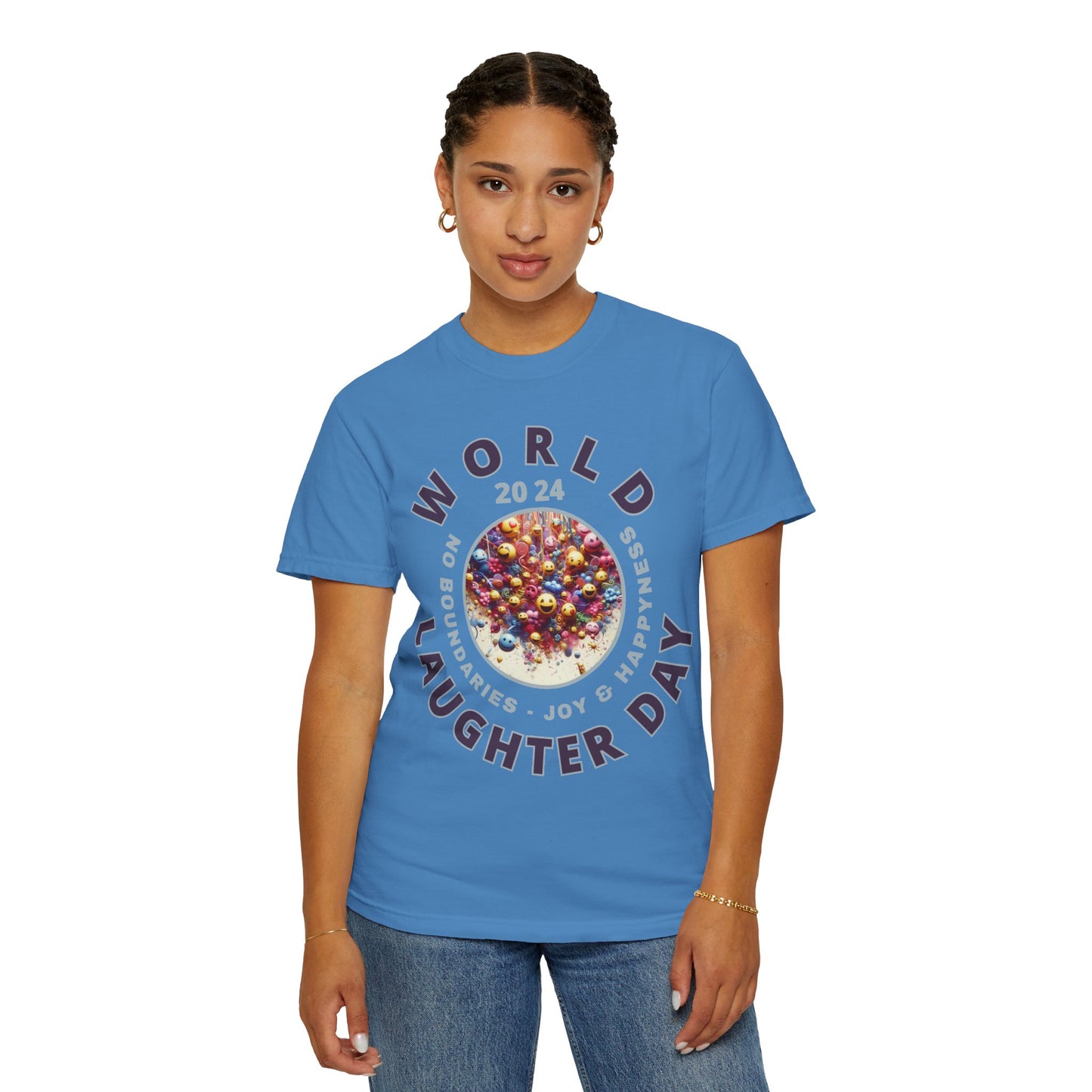 PoM's series Mindfulness & Self motivation ... World LAUGHTER Day ... Unisex Garment-Dyed T-shirt (100% pre-shrunk cotton, soft washed - six sizes (S-3XL), 16 background colours)