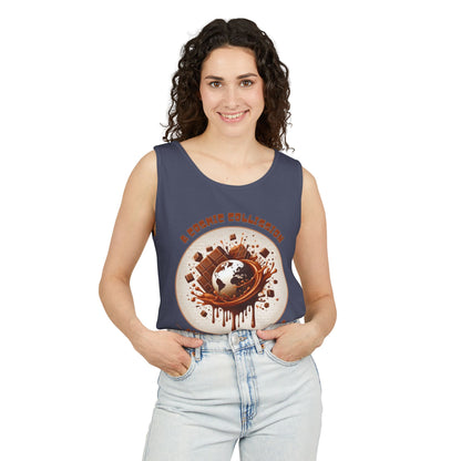 PoM's Fun & Joy for a Happy Life Collection ... COSMIC COLLISION ... Garment-Dyed TANK Top (unisex, 100% cotton, 7 sizes, up to 16 colors)