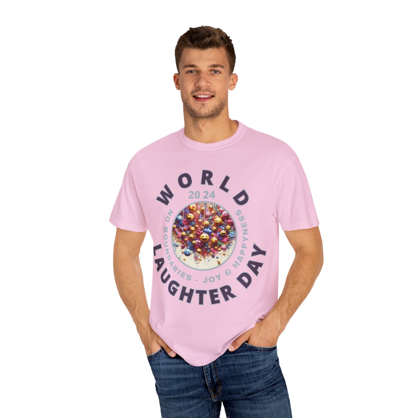 PoM's series Mindfulness & Self motivation ... World LAUGHTER Day ... Unisex Garment-Dyed T-shirt (100% pre-shrunk cotton, soft washed - six sizes (S-3XL), 16 background colours)