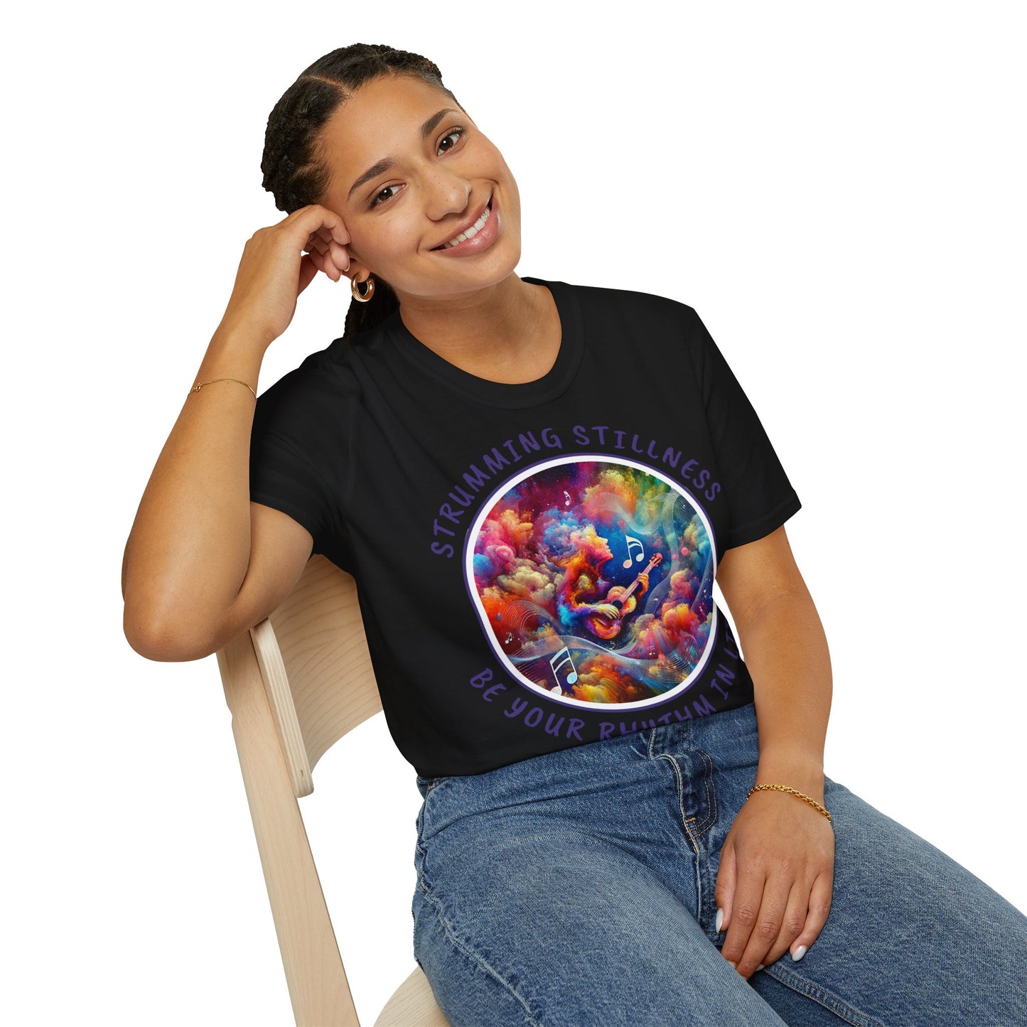 PoM's Mindfulness & Music collection ... "STRUMMING STILLNESS" T-Shirt (Unisex, Softstyle, 100% Cotton, up to 5 sizes and 11 colours)