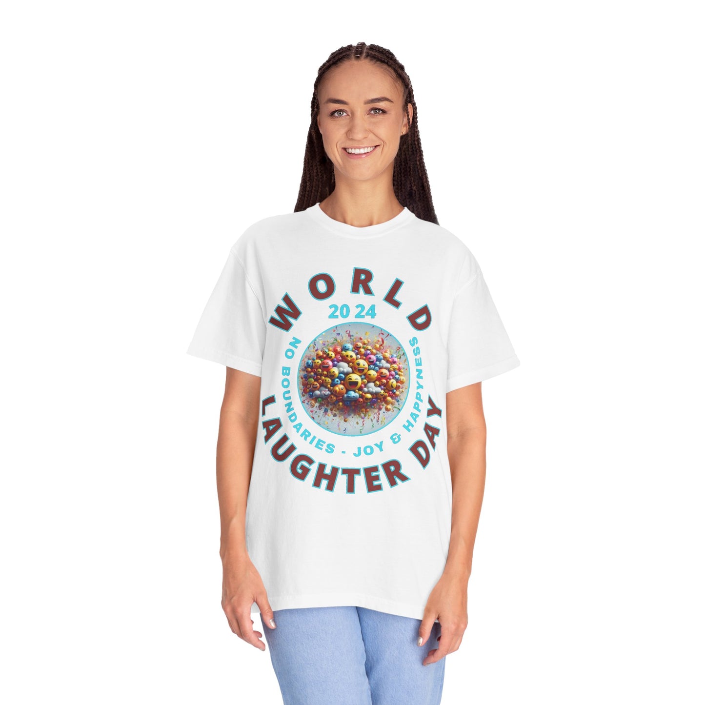 PoM's series Mindfulness & Self motivation ... World LAUGHTER Day ... Unisex Garment-Dyed T-shirt (100% pre-shrunk cotton, soft washed - six sizes (S-3XL), 13 background colours)