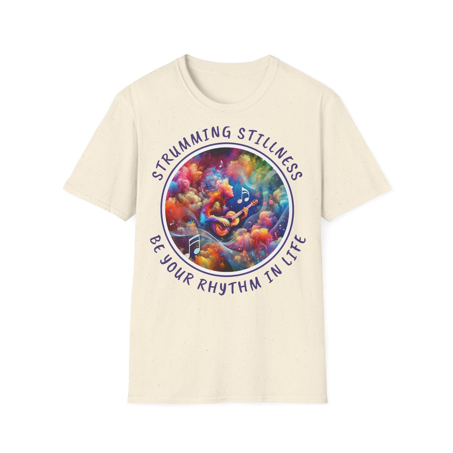 PoM's Mindfulness & Music collection ... "STRUMMING STILLNESS" T-Shirt (Unisex, Softstyle, 100% Cotton, up to 5 sizes and 11 colours)