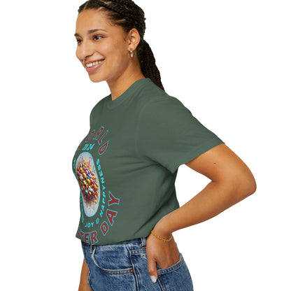 PoM's series Mindfulness & Self motivation ... World LAUGHTER Day ... Unisex Garment-Dyed T-shirt (100% pre-shrunk cotton, soft washed - six sizes (S-3XL), 13 background colours)