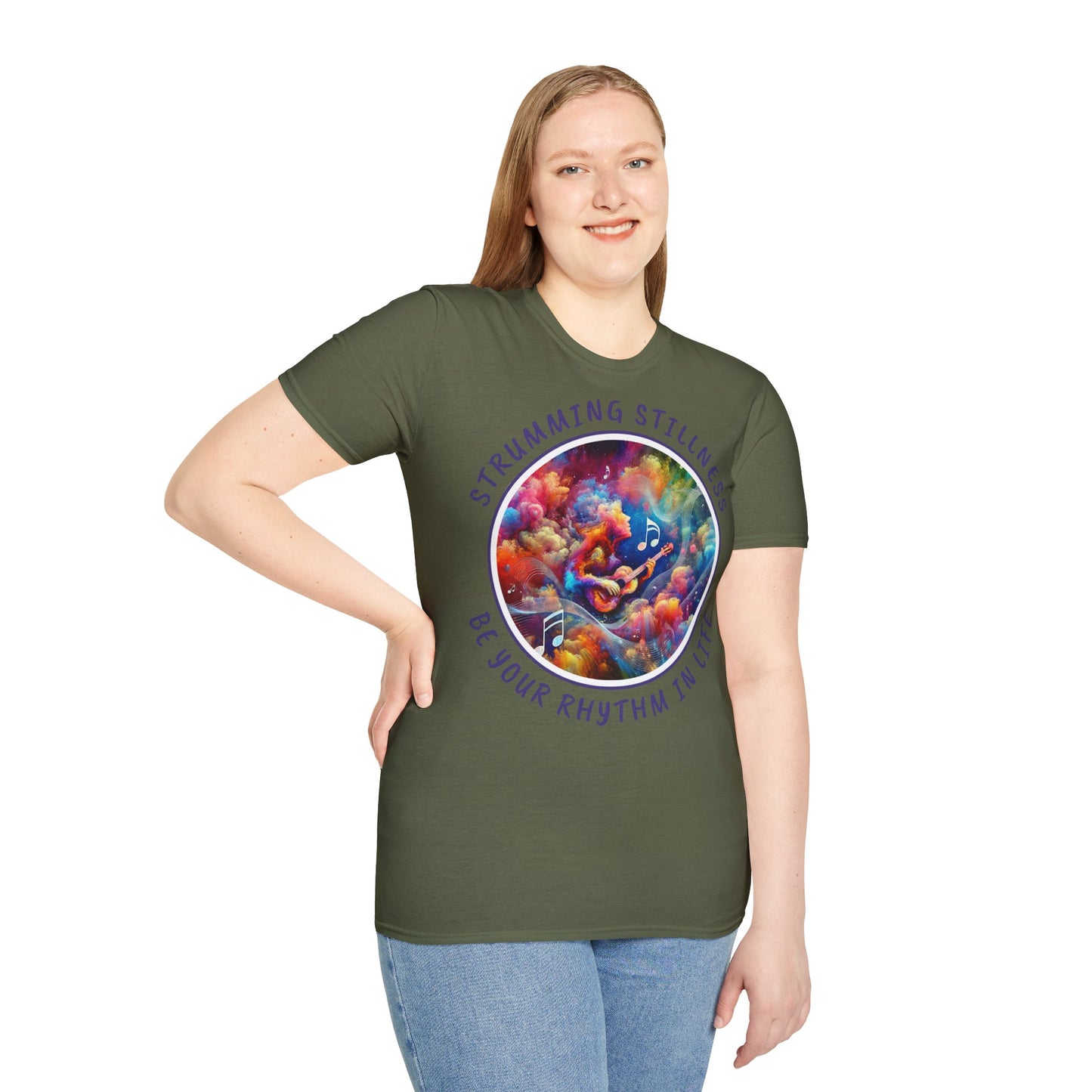 PoM's Mindfulness & Music collection ... "STRUMMING STILLNESS" T-Shirt (Unisex, Softstyle, 100% Cotton, up to 5 sizes and 11 colours)