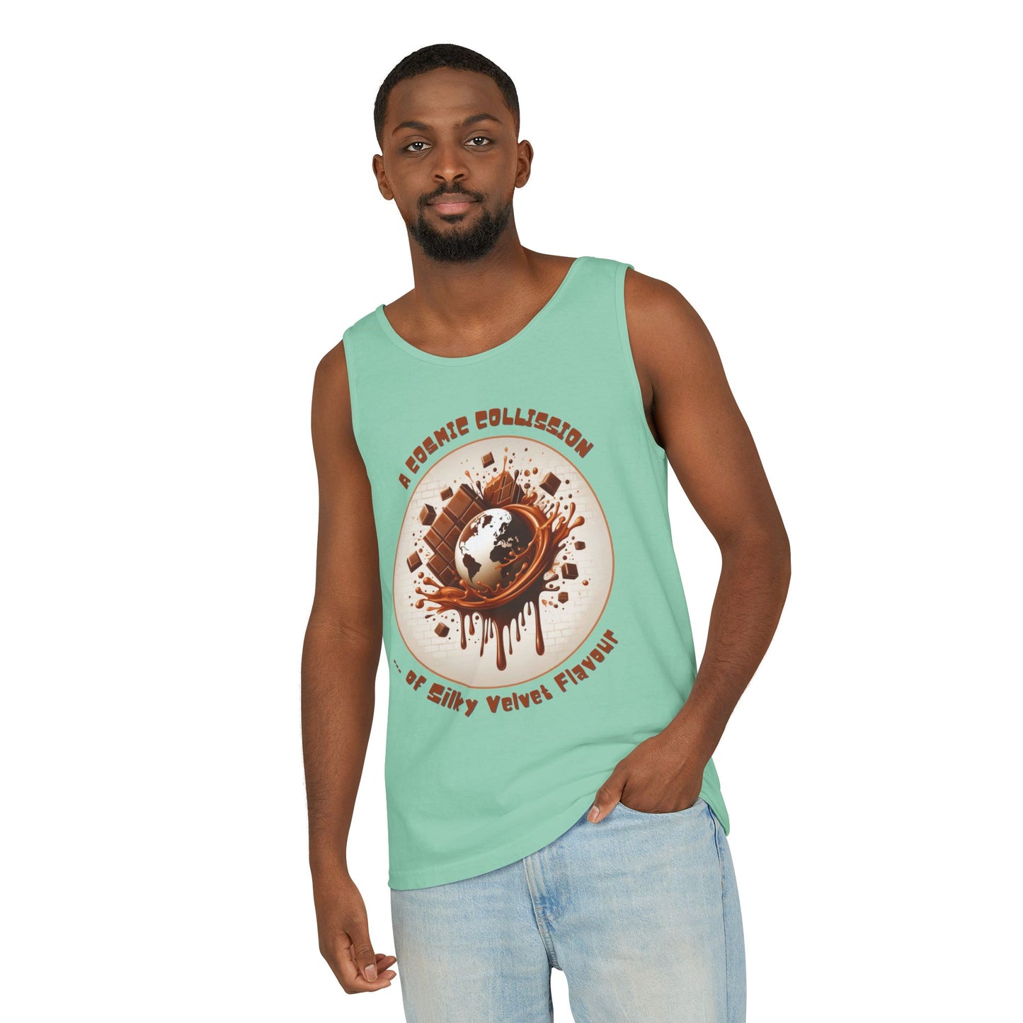 PoM's Fun & Joy for a Happy Life Collection ... COSMIC COLLISION ... Garment-Dyed TANK Top (unisex, 100% cotton, 7 sizes, up to 16 colors)