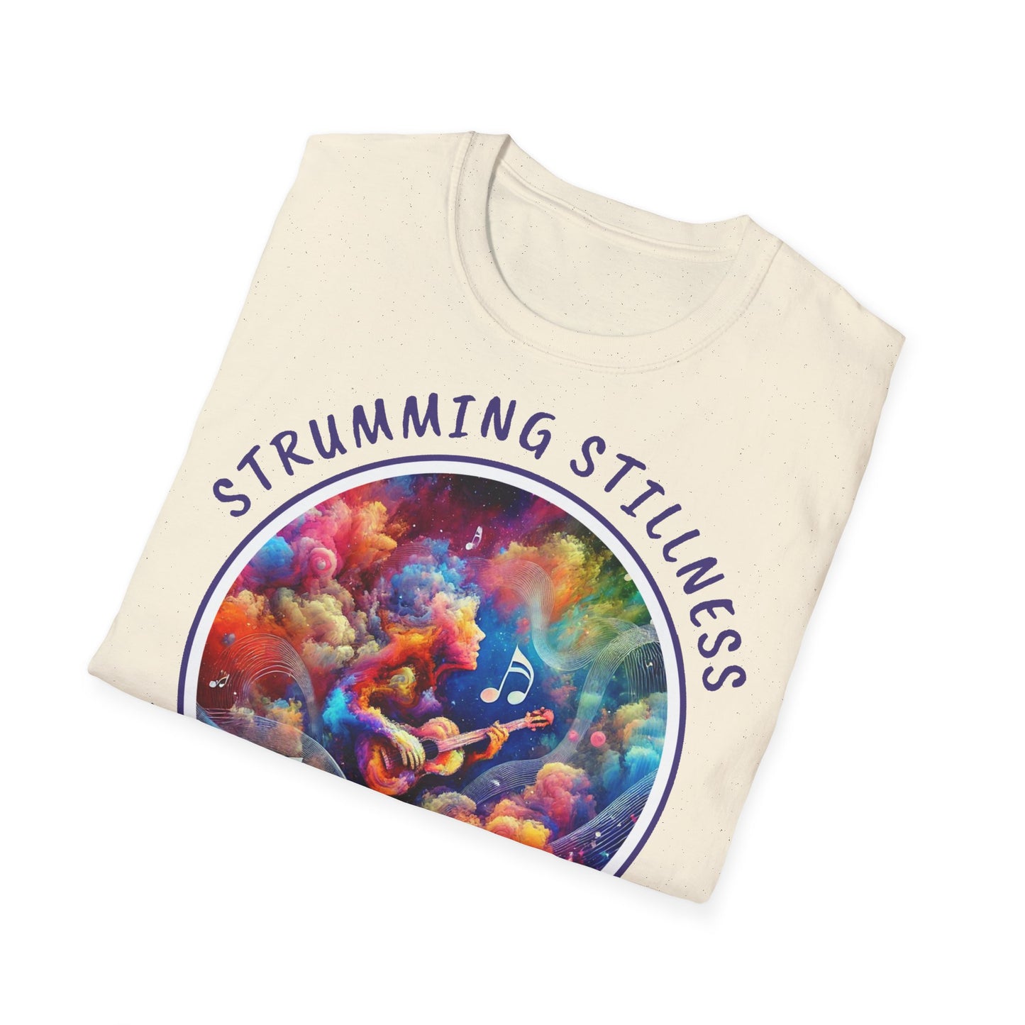 PoM's Mindfulness & Music collection ... "STRUMMING STILLNESS" T-Shirt (Unisex, Softstyle, 100% Cotton, up to 5 sizes and 11 colours)