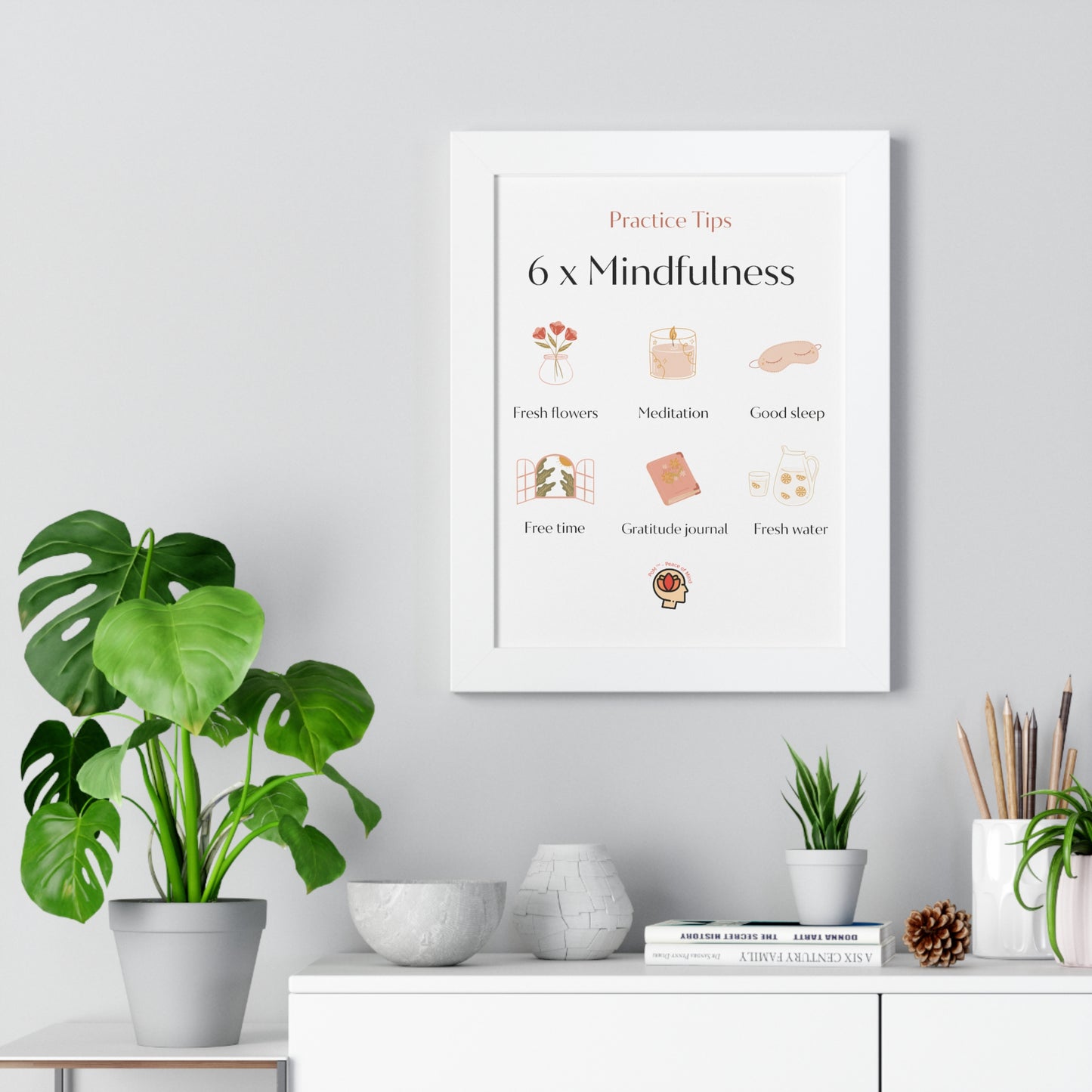 PoM's Mindfulness series ... 6x Mindfulness (practical tips) - Framed Vertical Poster (3 different frame colours and 4 sizes)