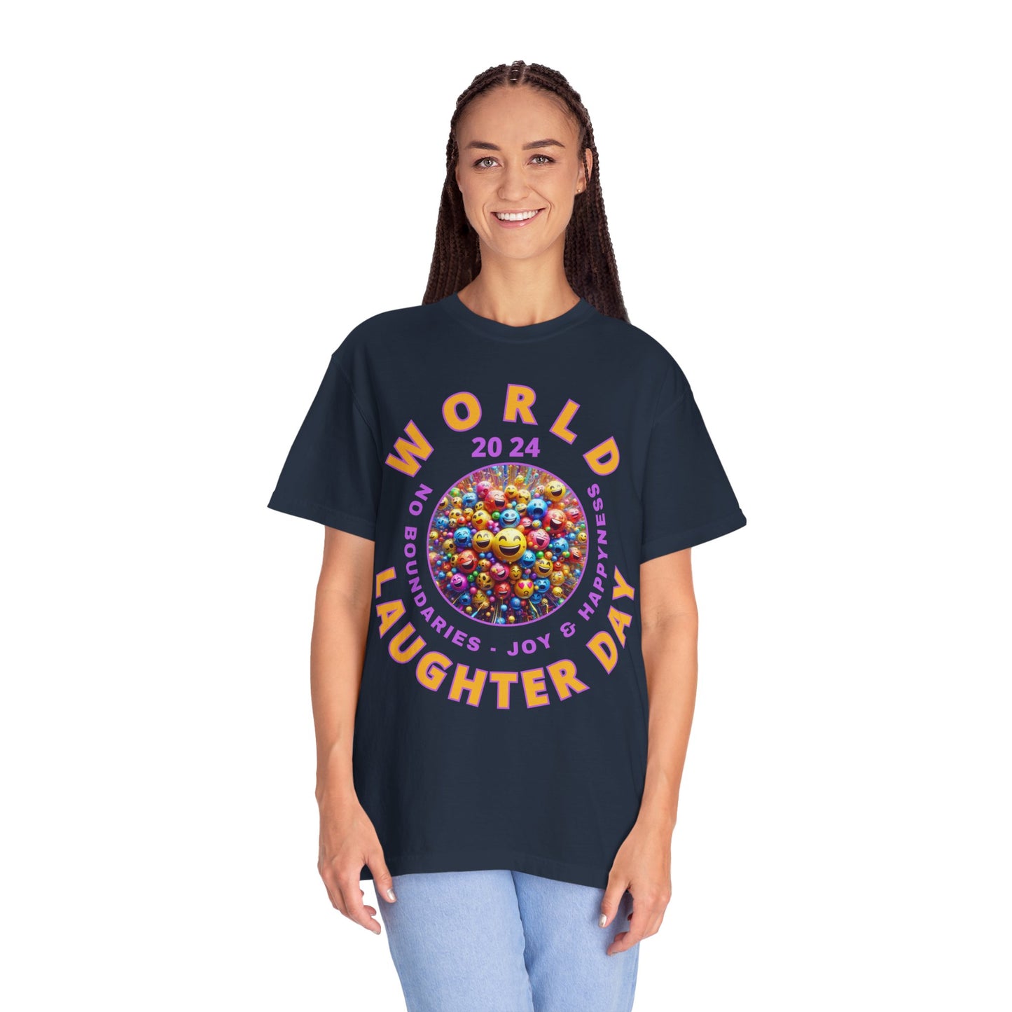 PoM's series Mindfulness & Self motivation ... World LAUGHTER Day ... Unisex Garment-Dyed T-shirt (100% pre-shrunk cotton, soft washed - six sizes (S-3XL), 9 background colours)