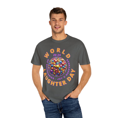 PoM's series Mindfulness & Self motivation ... World LAUGHTER Day ... Unisex Garment-Dyed T-shirt (100% pre-shrunk cotton, soft washed - six sizes (S-3XL), 9 background colours)