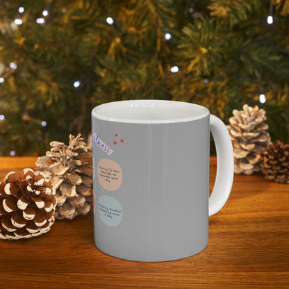 PoM's Mindfulness series ... "Daily Mindfulness (6 x care taking)" ... Silver grey / White Ceramic Mug (11oz / 0.33 l, BPA and lead-free, microwave & dishwasher-safe)