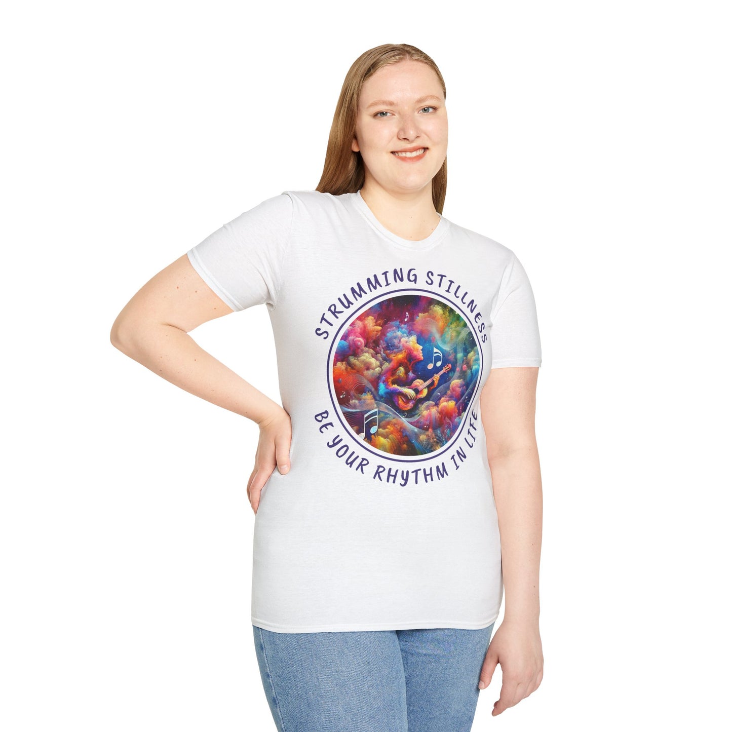 PoM's Mindfulness & Music collection ... "STRUMMING STILLNESS" T-Shirt (Unisex, Softstyle, 100% Cotton, up to 5 sizes and 11 colours)