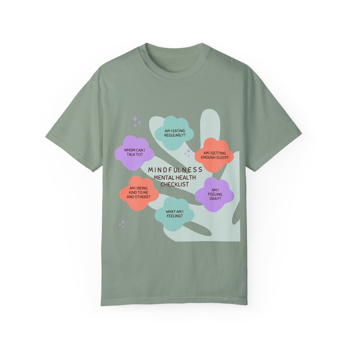 PoM's Mindfulness series ... "Mental Health Check" ... Unisex Garment-Dyed T-shirt (100% pre-shrunk cotton, soft washed - six sizes (S-3XL), 9 background colours)