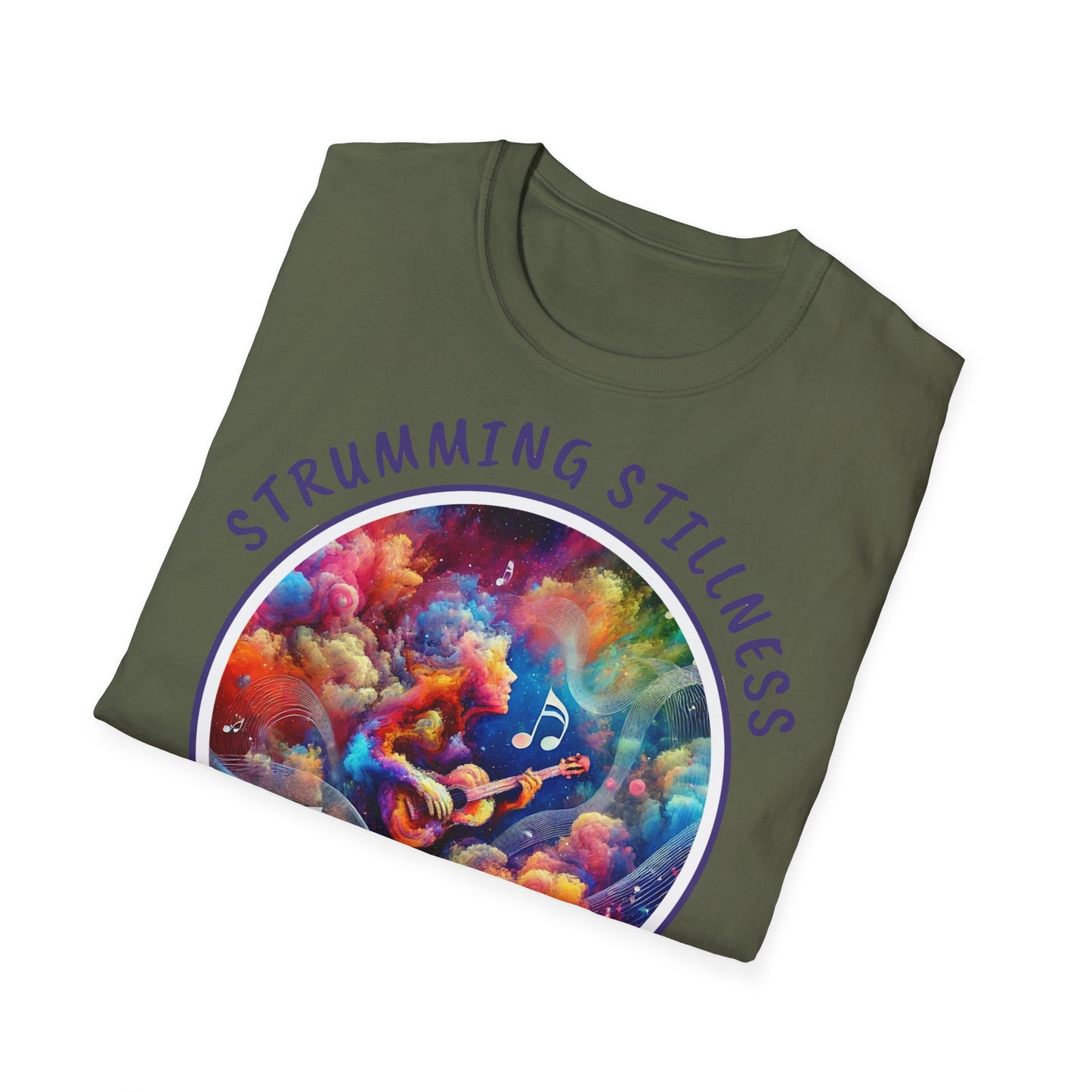 PoM's Mindfulness & Music collection ... "STRUMMING STILLNESS" T-Shirt (Unisex, Softstyle, 100% Cotton, up to 5 sizes and 11 colours)