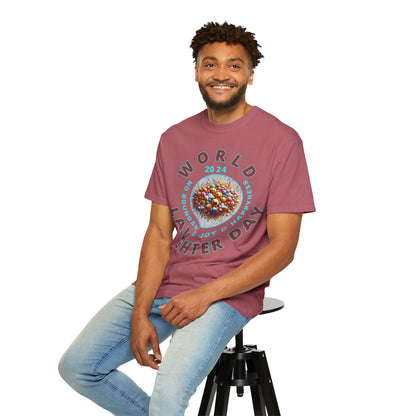 PoM's series Mindfulness & Self motivation ... World LAUGHTER Day ... Unisex Garment-Dyed T-shirt (100% pre-shrunk cotton, soft washed - six sizes (S-3XL), 13 background colours)