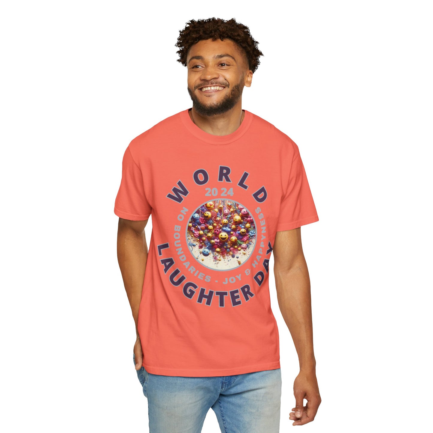 PoM's series Mindfulness & Self motivation ... World LAUGHTER Day ... Unisex Garment-Dyed T-shirt (100% pre-shrunk cotton, soft washed - six sizes (S-3XL), 16 background colours)