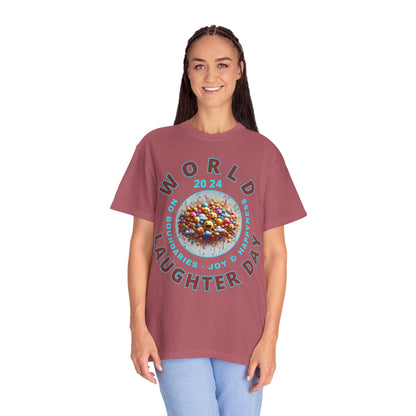 PoM's series Mindfulness & Self motivation ... World LAUGHTER Day ... Unisex Garment-Dyed T-shirt (100% pre-shrunk cotton, soft washed - six sizes (S-3XL), 13 background colours)