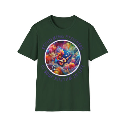 PoM's Mindfulness & Music collection ... "STRUMMING STILLNESS" T-Shirt (Unisex, Softstyle, 100% Cotton, up to 5 sizes and 11 colours)