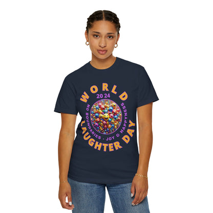 PoM's series Mindfulness & Self motivation ... World LAUGHTER Day ... Unisex Garment-Dyed T-shirt (100% pre-shrunk cotton, soft washed - six sizes (S-3XL), 9 background colours)