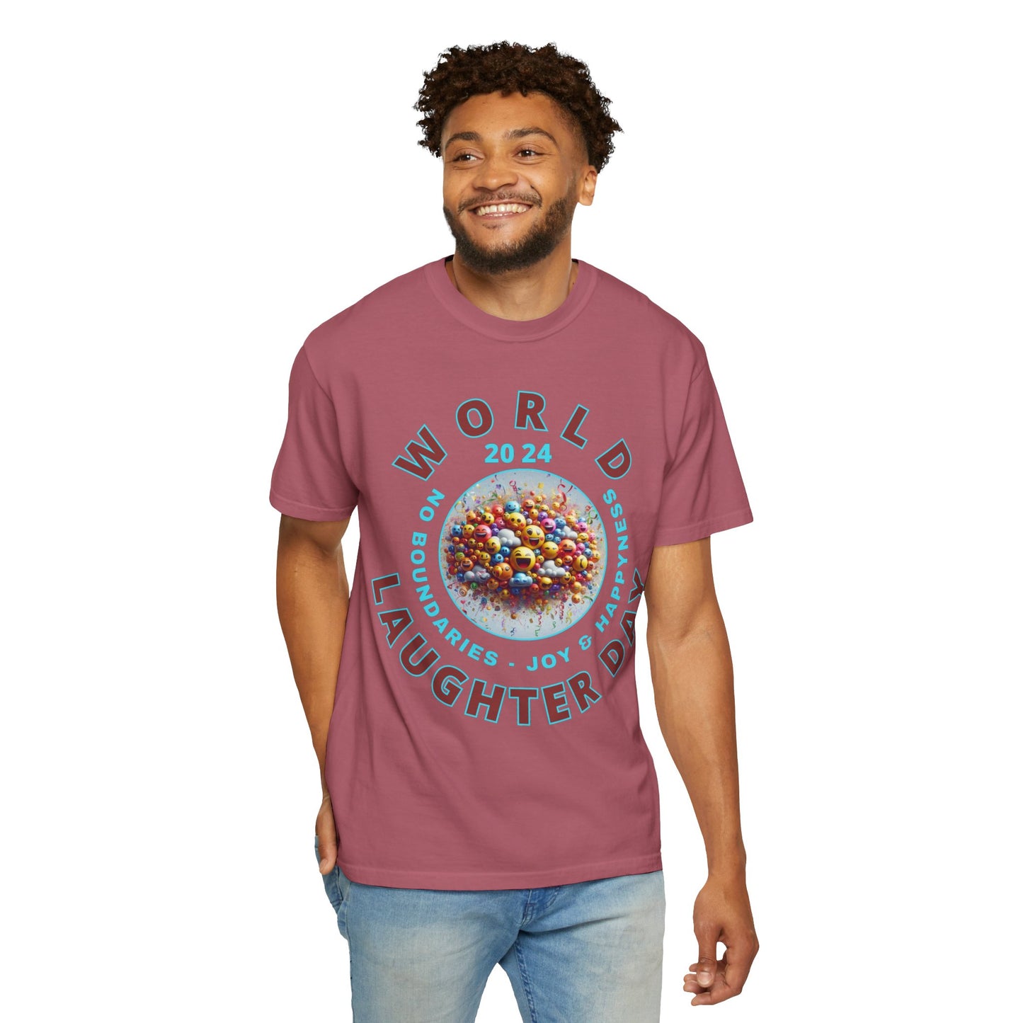 PoM's series Mindfulness & Self motivation ... World LAUGHTER Day ... Unisex Garment-Dyed T-shirt (100% pre-shrunk cotton, soft washed - six sizes (S-3XL), 13 background colours)