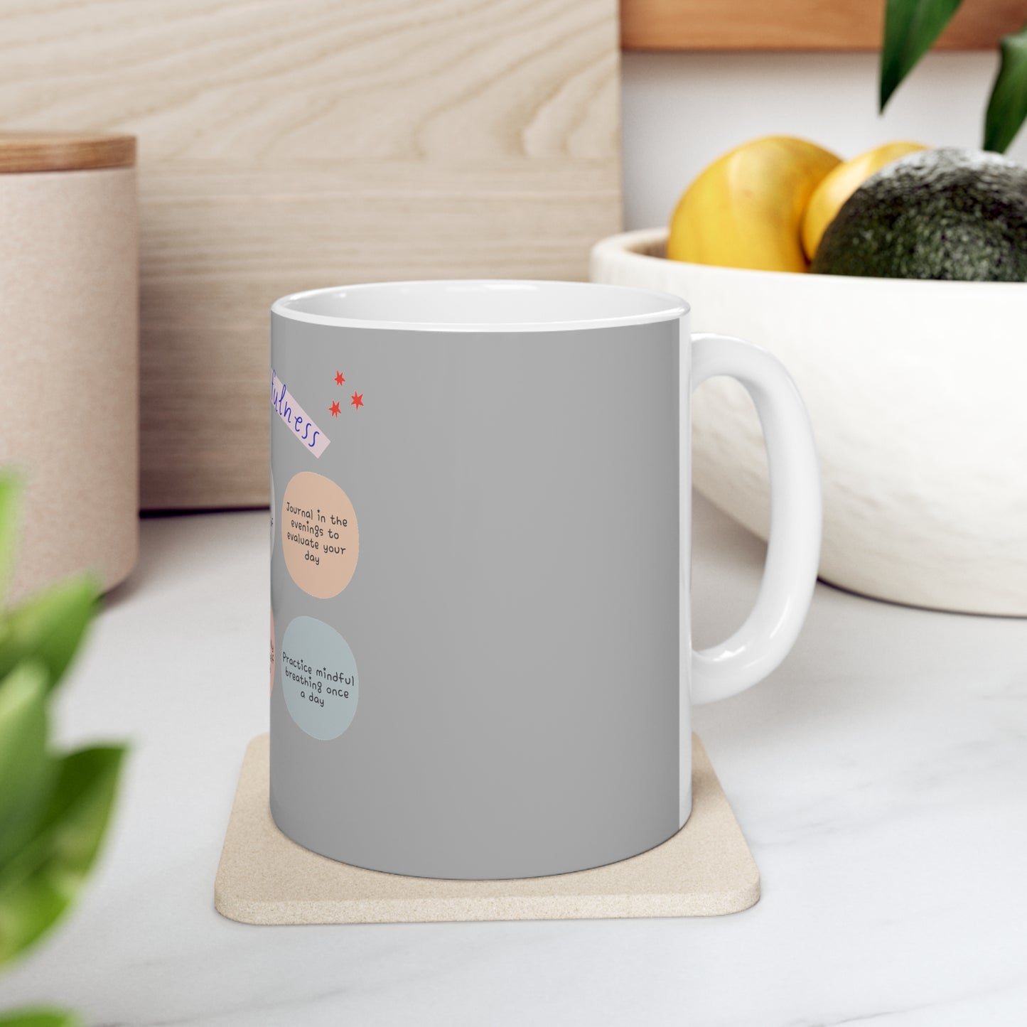 PoM's Mindfulness series ... "Daily Mindfulness (6 x care taking)" ... Silver grey / White Ceramic Mug (11oz / 0.33 l, BPA and lead-free, microwave & dishwasher-safe)