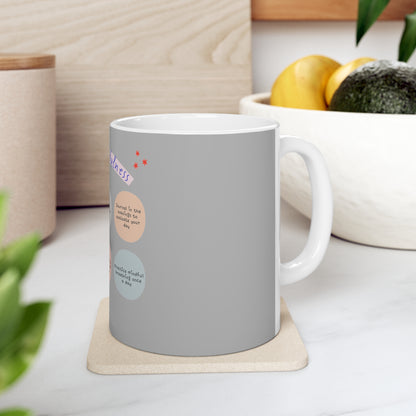 PoM's Mindfulness series ... "Daily Mindfulness (6 x care taking)" ... Silver grey / White Ceramic Mug (11oz / 0.33 l, BPA and lead-free, microwave & dishwasher-safe)