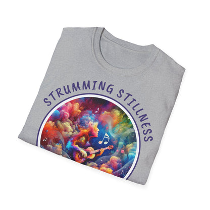 PoM's Mindfulness & Music collection ... "STRUMMING STILLNESS" T-Shirt (Unisex, Softstyle, 100% Cotton, up to 5 sizes and 11 colours)